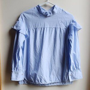 Blue Ruffled Micro-Striped Blouse Size Medium